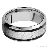 9 mm wide/High Bevel/Cobalt Chrome band featuring inlays of Dinosaur Bone Black and Meteorite