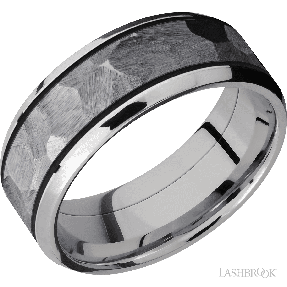 8 mm wide/Beveled/Cobalt Chrome band with one 5 mm Centered inlay of Tantalum