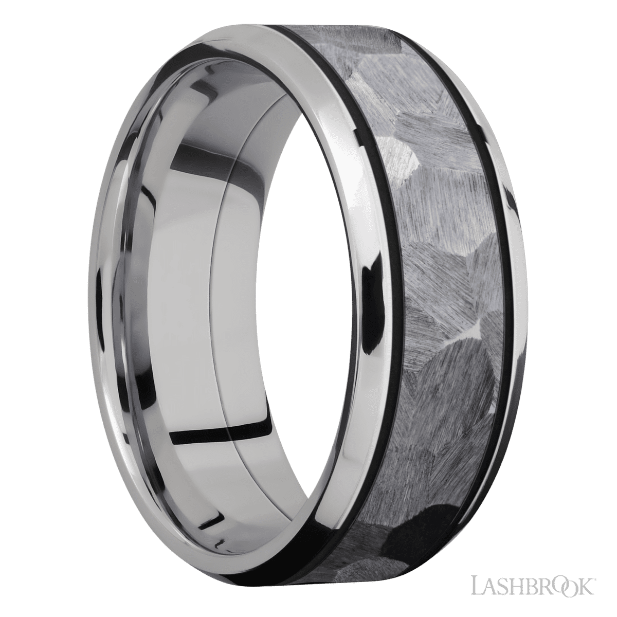 8 mm wide/Beveled/Cobalt Chrome band with one 5 mm Centered inlay of Tantalum
