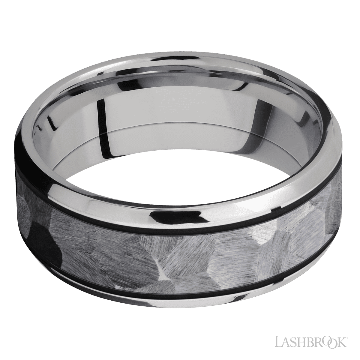 8 mm wide/Beveled/Cobalt Chrome band with one 5 mm Centered inlay of Tantalum