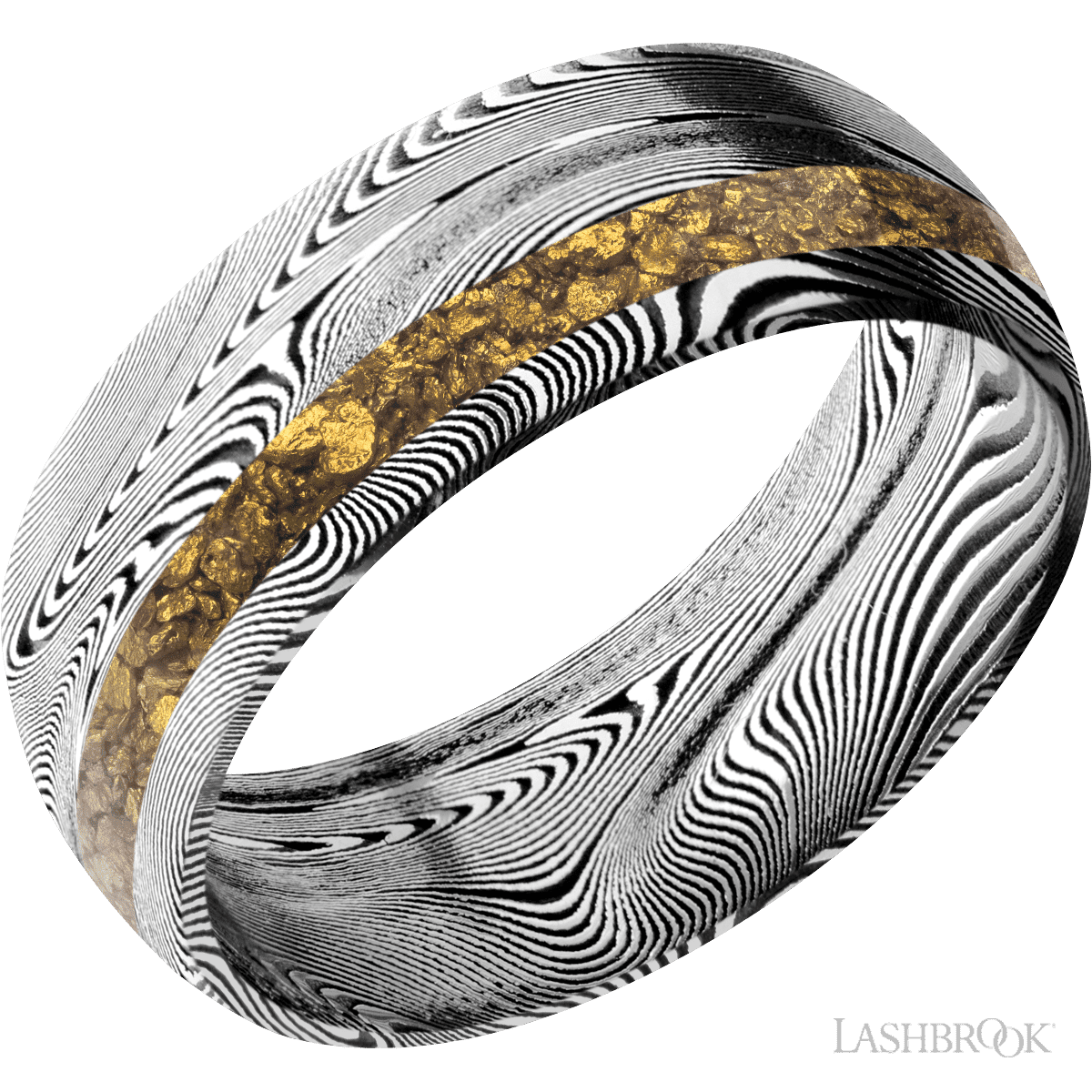 8 mm wide/Domed/Tightweave band with one 2 mm Off Center inlay of Alaskan Gold Nugget