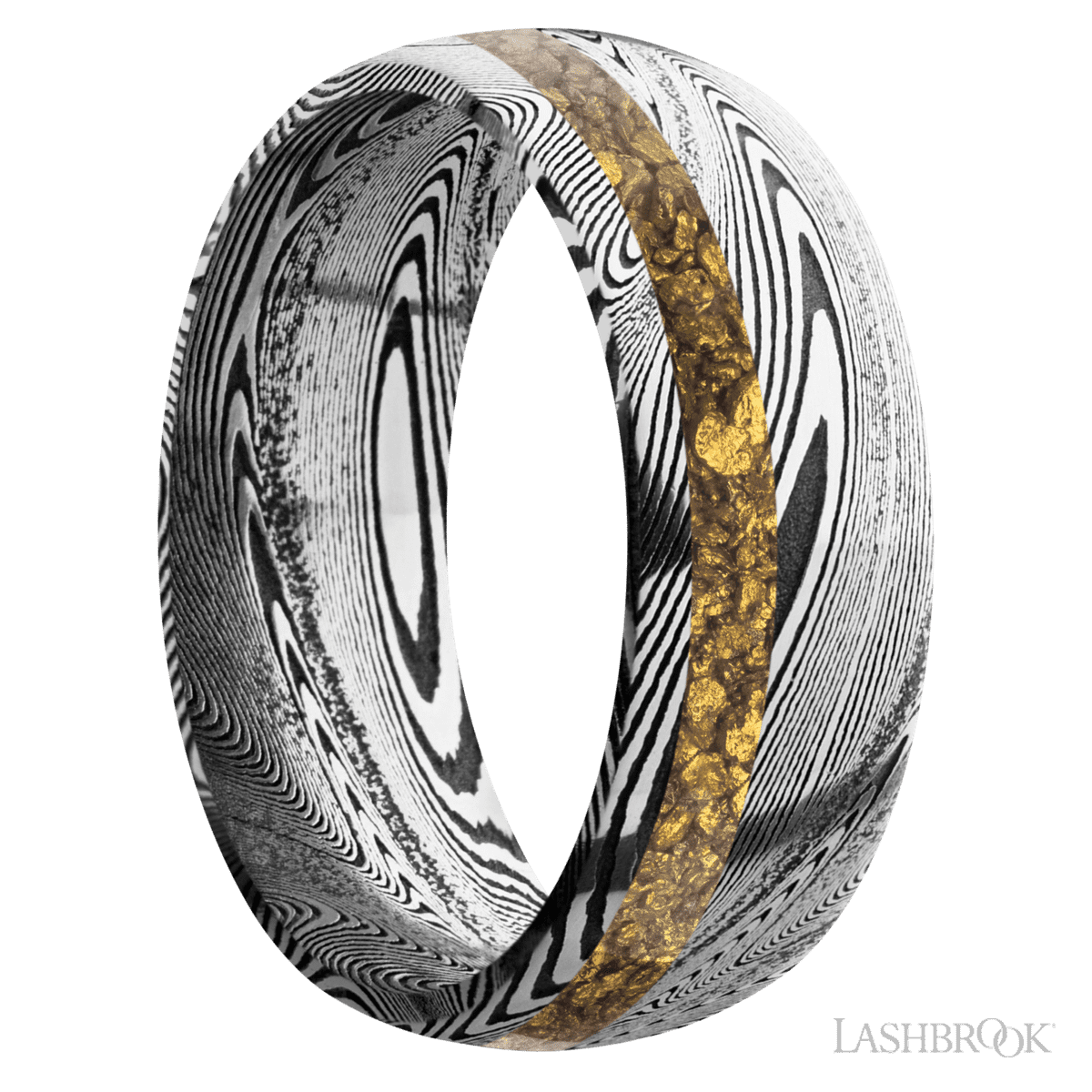 8 mm wide/Domed/Tightweave band with one 2 mm Off Center inlay of Alaskan Gold Nugget