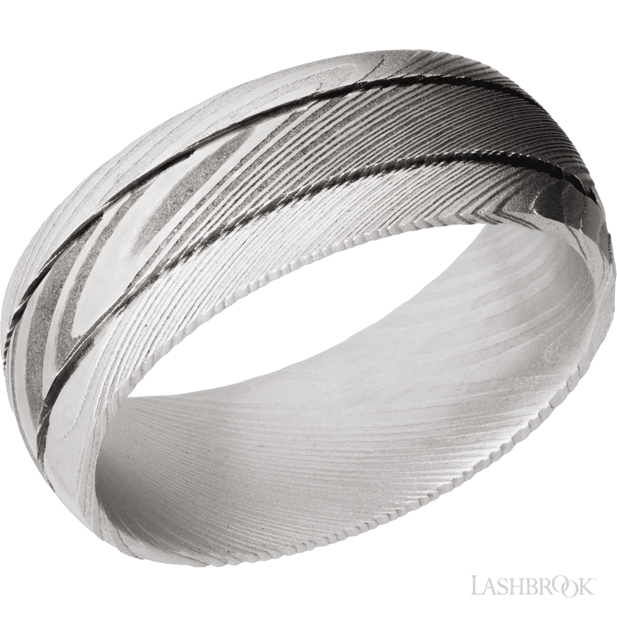 8 mm wide Domed with two accent grooves Damascus band