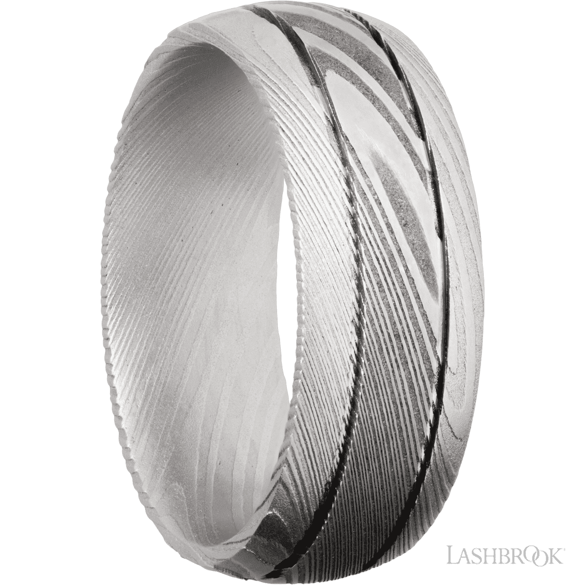 8 mm wide Domed with two accent grooves Damascus band