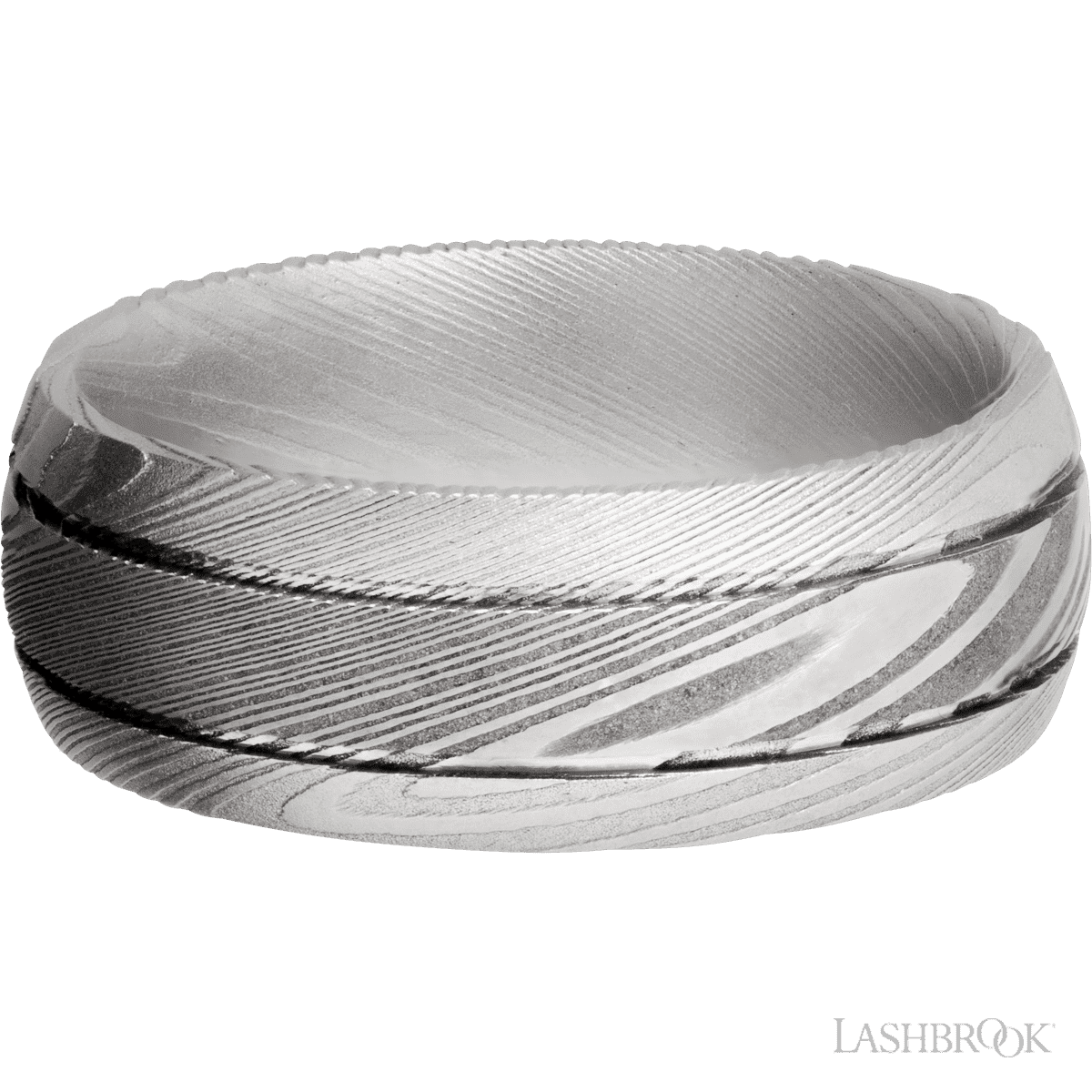 8 mm wide Domed with two accent grooves Damascus band