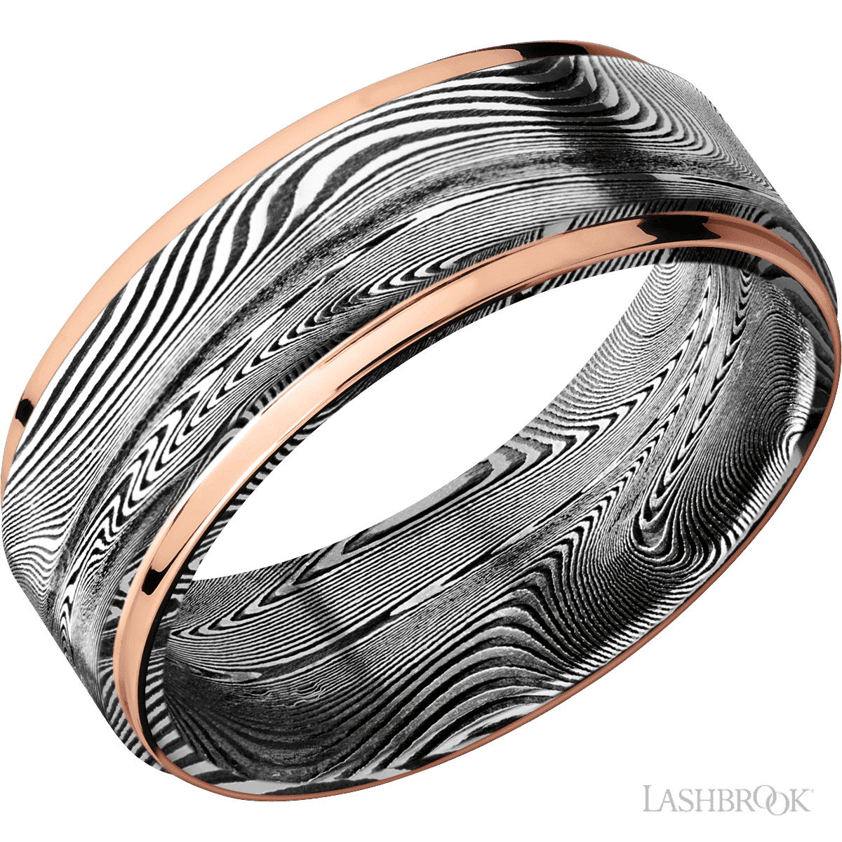 8 mm wide/Flat Grooved Edges/Tightweave band with two 1 mm Edge inlays of 14K Rose Gold
