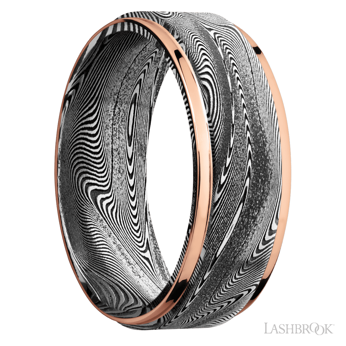 8 mm wide/Flat Grooved Edges/Tightweave band with two 1 mm Edge inlays of 14K Rose Gold