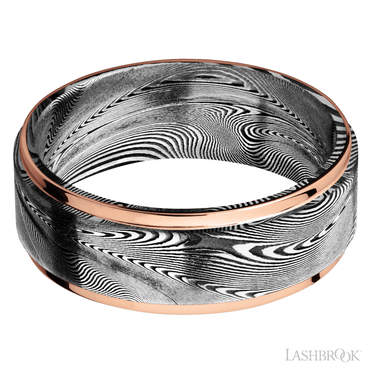 8 mm wide/Flat Grooved Edges/Tightweave band with two 1 mm Edge inlays of 14K Rose Gold