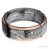 8 mm wide/Flat Grooved Edges/Tightweave band with two 1 mm Edge inlays of 14K Rose Gold