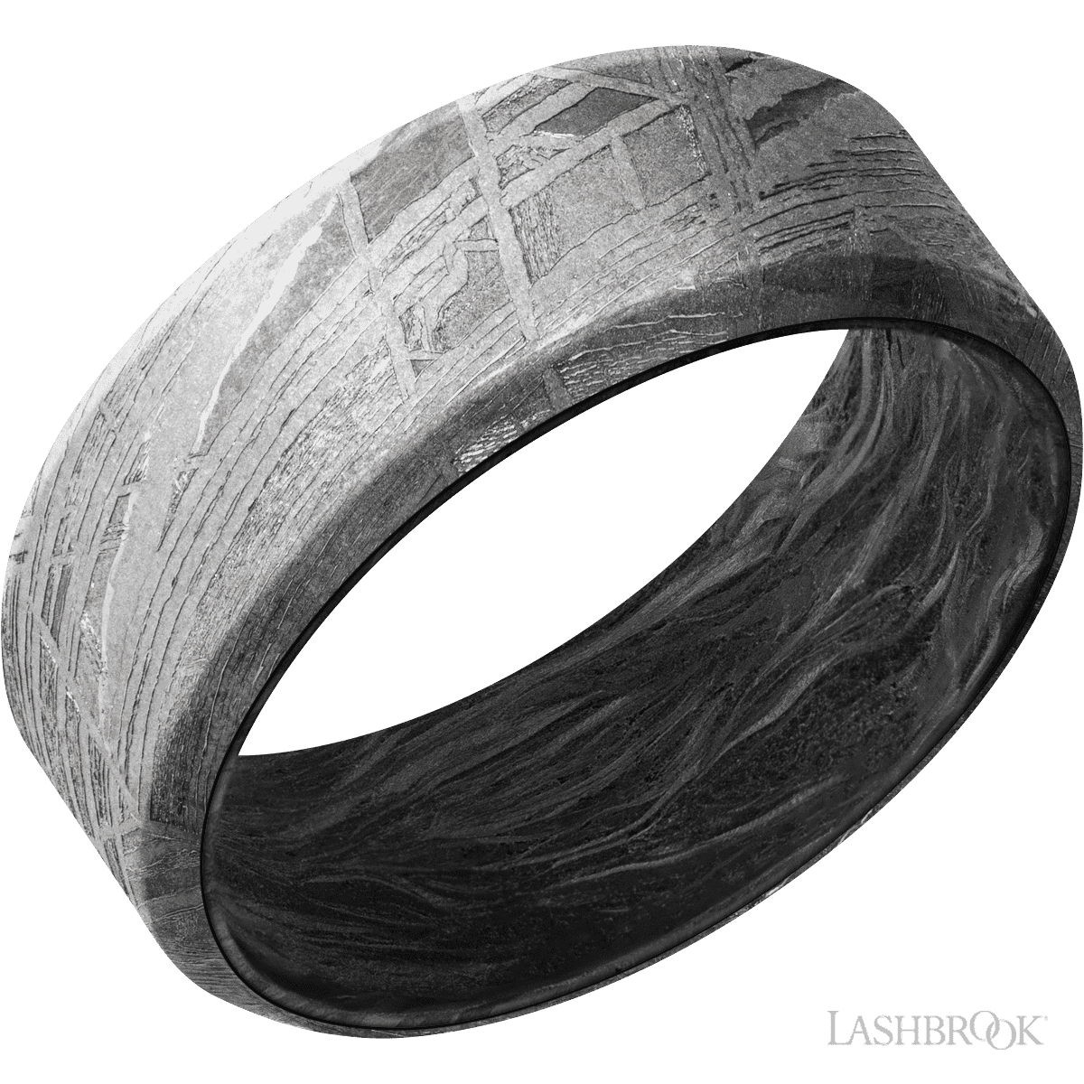 8 mm wide Beveled Meteorite band featuring a Forged Carbon Fiber sleeve