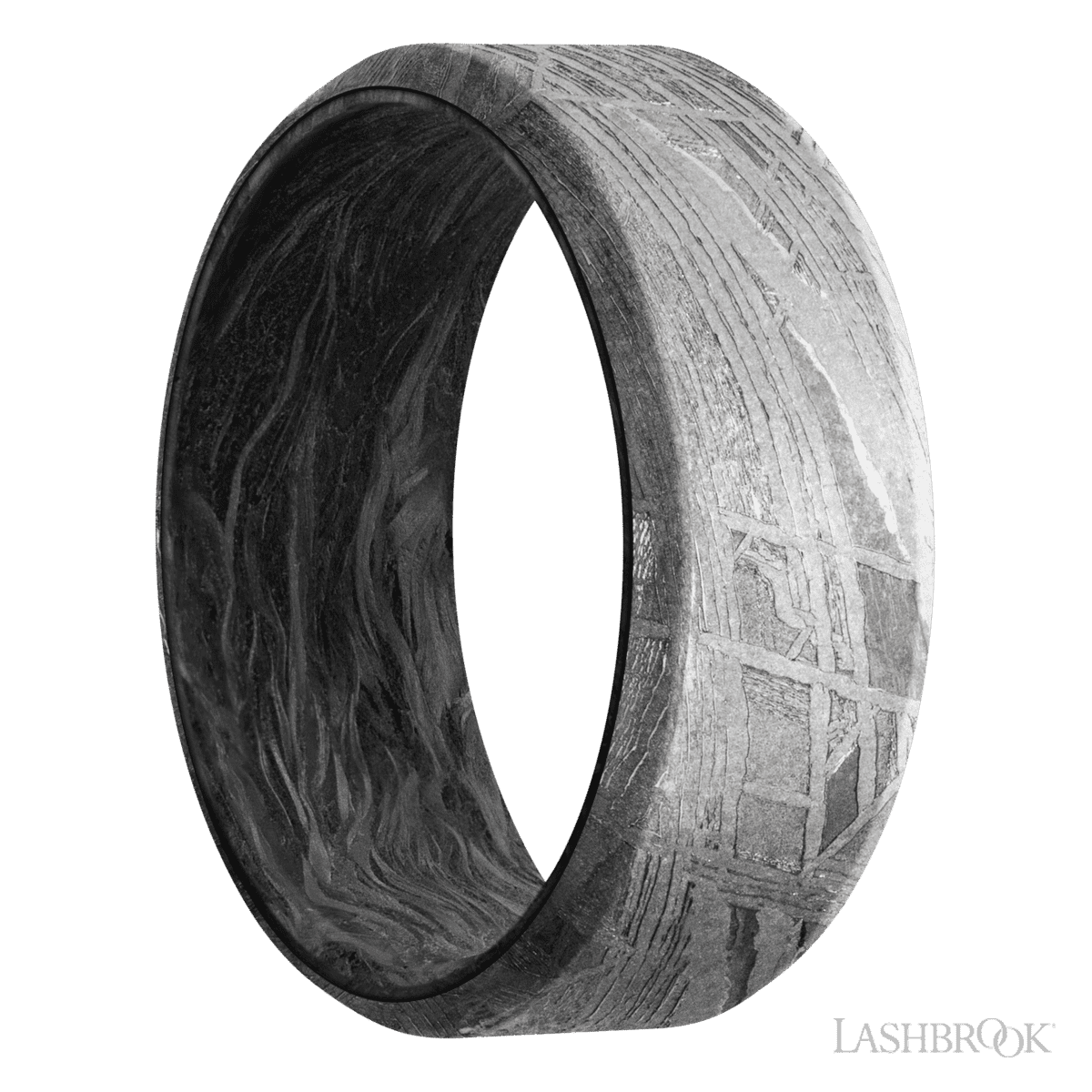 8 mm wide Beveled Meteorite band featuring a Forged Carbon Fiber sleeve