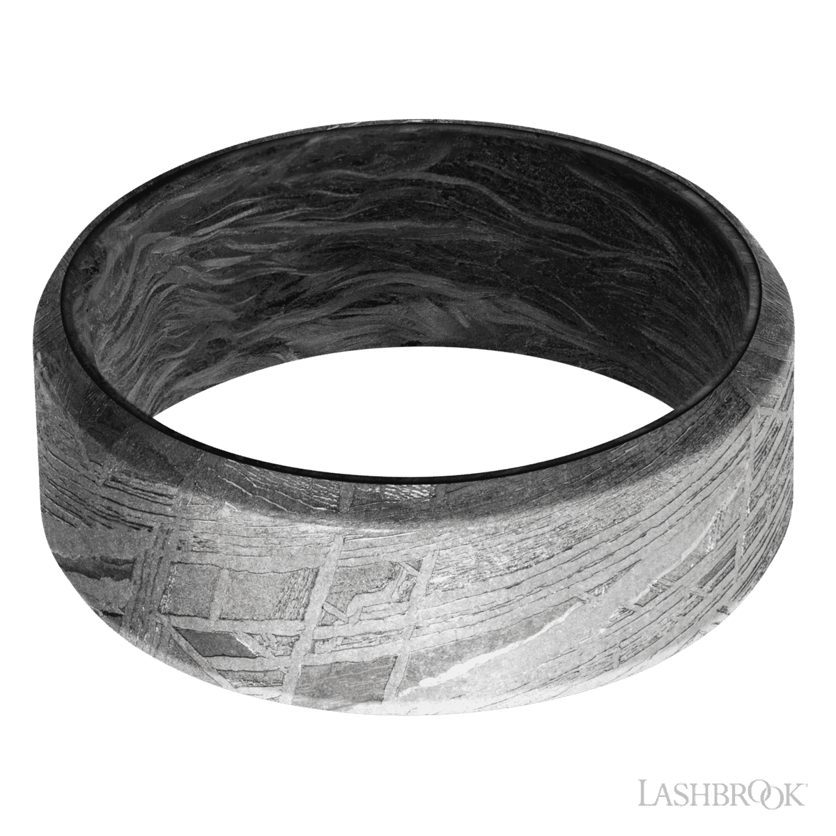 8 mm wide Beveled Meteorite band featuring a Forged Carbon Fiber sleeve