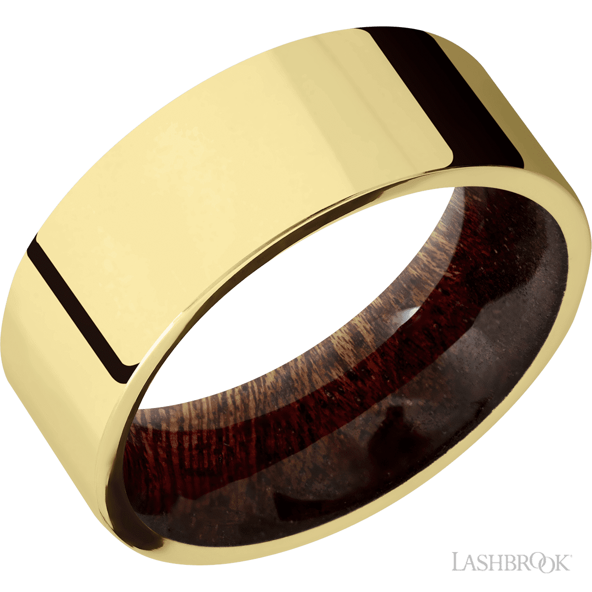 8 mm wide Flat 14K Yellow Gold band featuring a Sapele sleeve