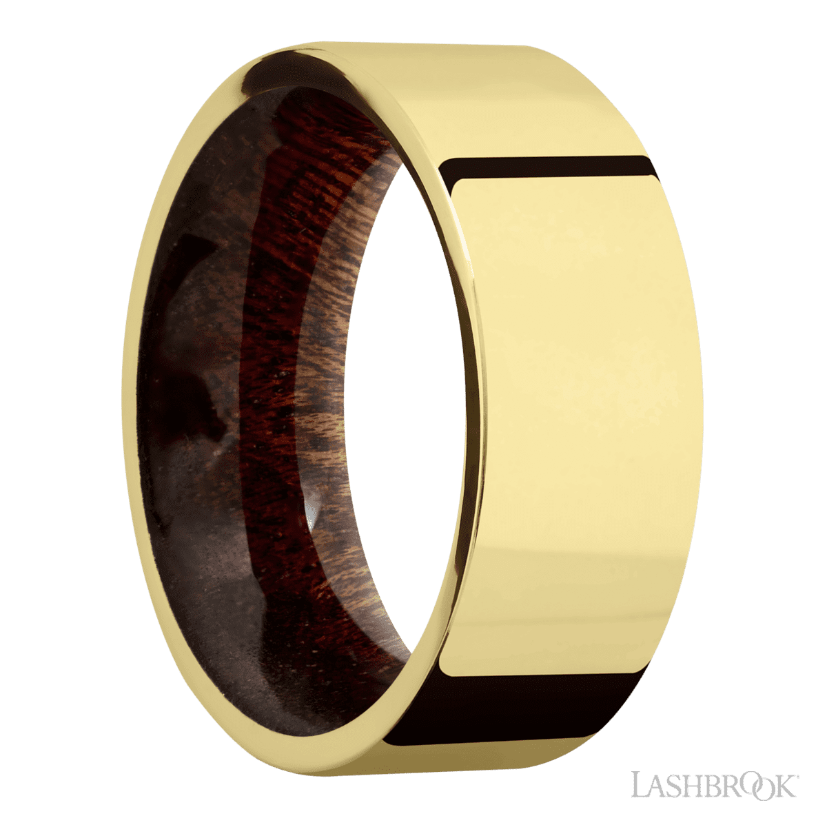 8 mm wide Flat 14K Yellow Gold band featuring a Sapele sleeve