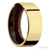 8 mm wide Flat 14K Yellow Gold band featuring a Sapele sleeve