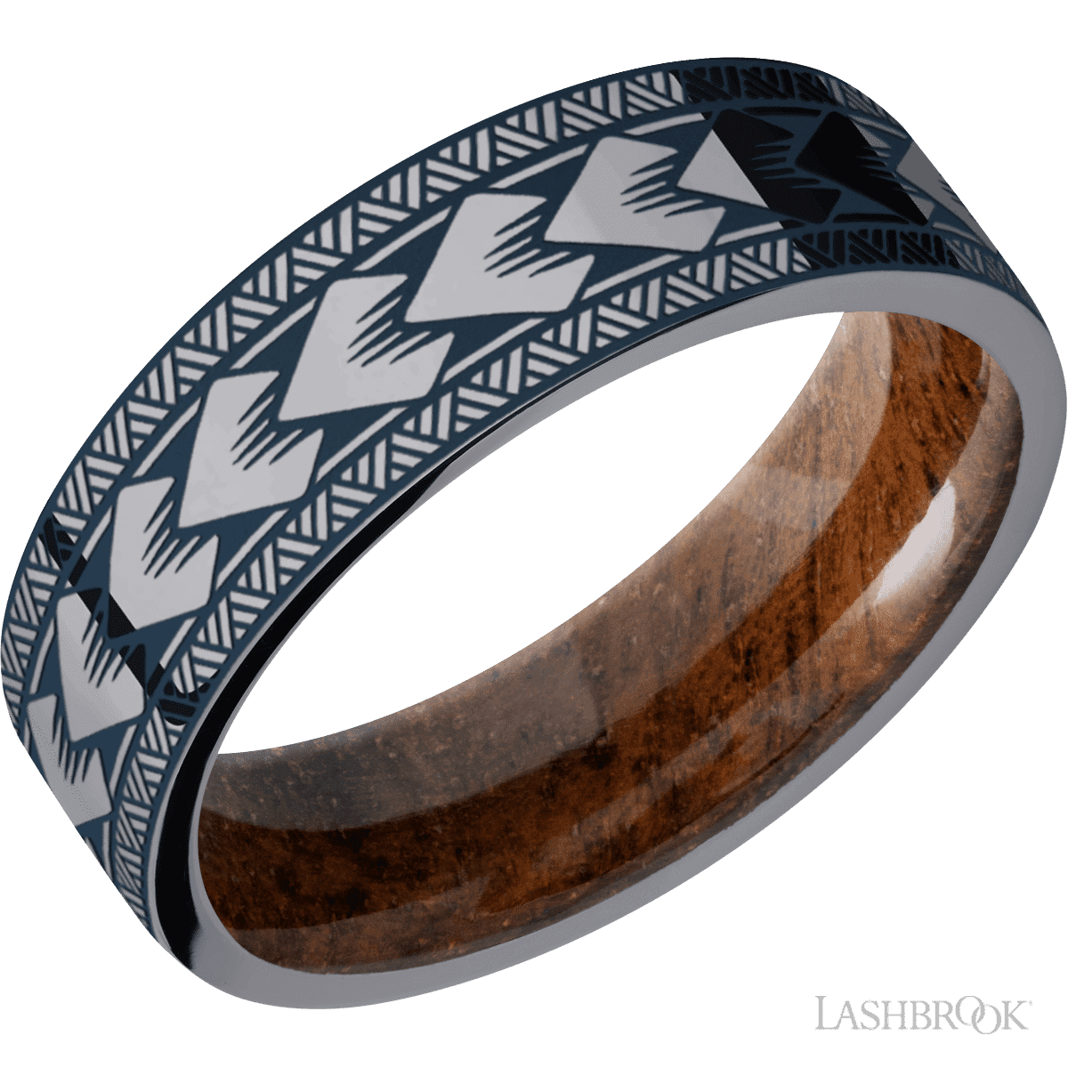 7 mm wide/Flat/Tantalum band with a laser carved Maori pattern also featuring a Koa sleeve
