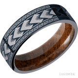 7 mm wide/Flat/Tantalum band with a laser carved Maori pattern also featuring a Koa sleeve