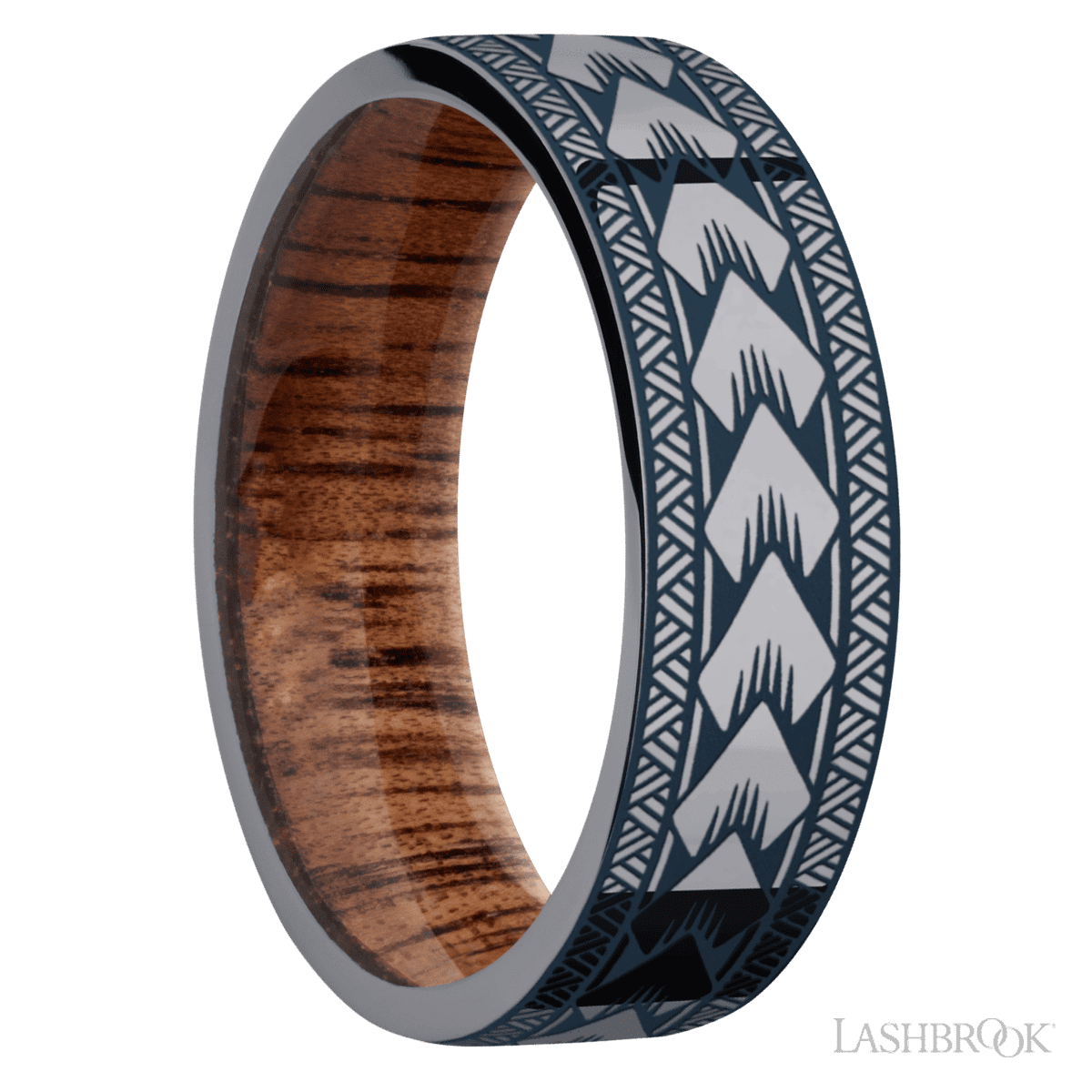 7 mm wide/Flat/Tantalum band with a laser carved Maori pattern also featuring a Koa sleeve