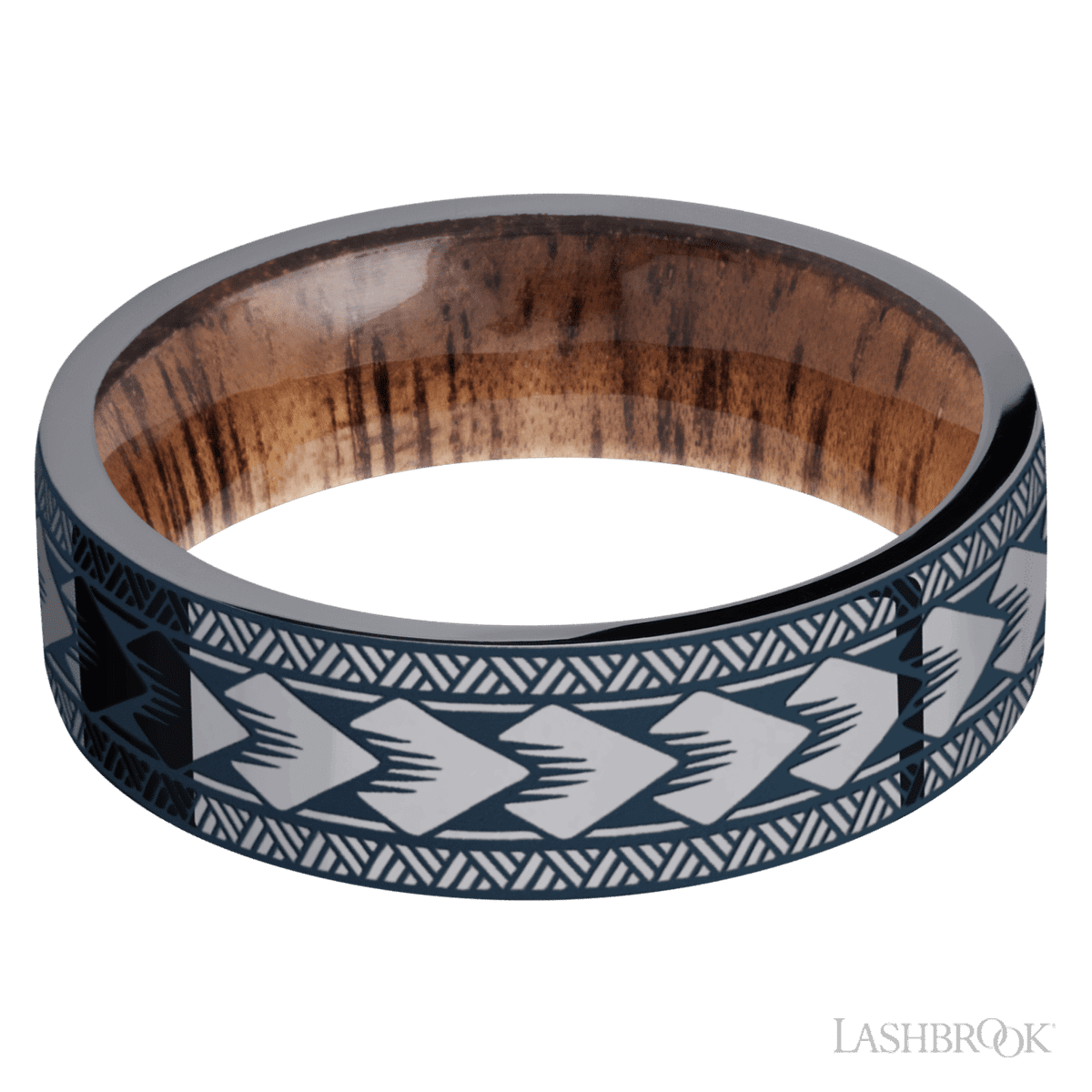 7 mm wide/Flat/Tantalum band with a laser carved Maori pattern also featuring a Koa sleeve