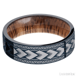 7 mm wide/Flat/Tantalum band with a laser carved Maori pattern also featuring a Koa sleeve