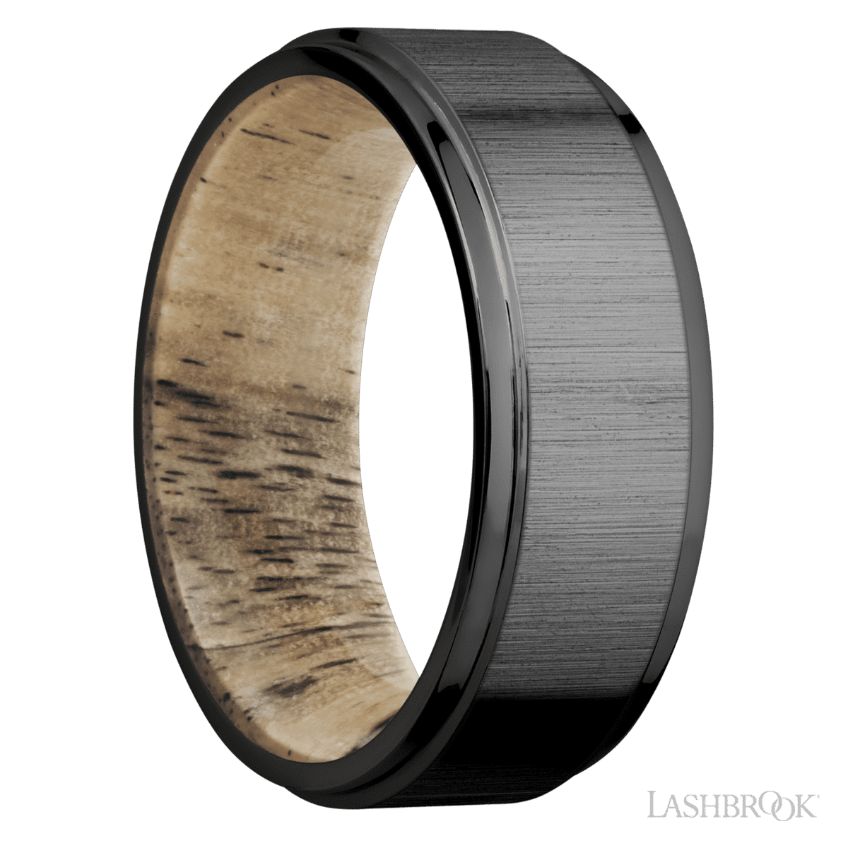 8 mm wide Flat Grooved Edges Zirconium band featuring a Spalted Tamarind sleeve