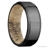 8 mm wide Flat Grooved Edges Zirconium band featuring a Spalted Tamarind sleeve