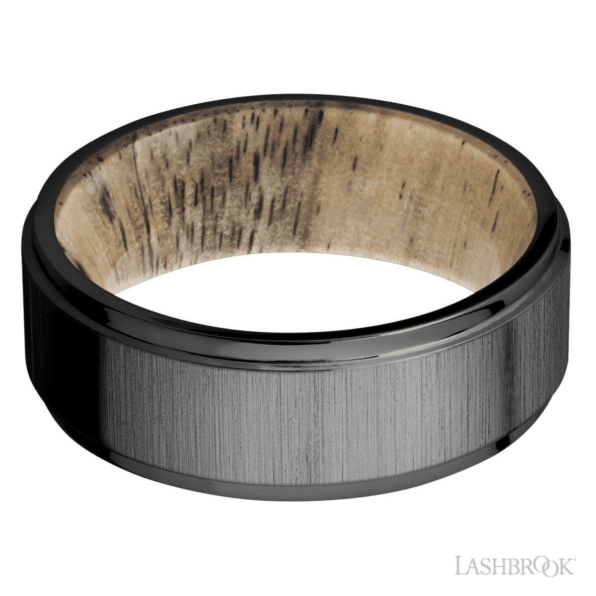 8 mm wide Flat Grooved Edges Zirconium band featuring a Spalted Tamarind sleeve