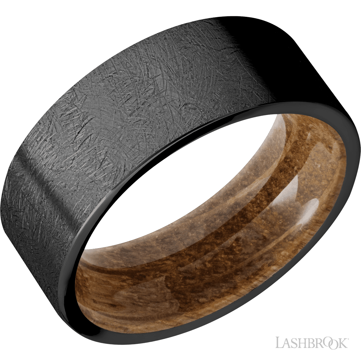 8 mm wide Flat Zirconium band featuring a Whiskey Barrel sleeve