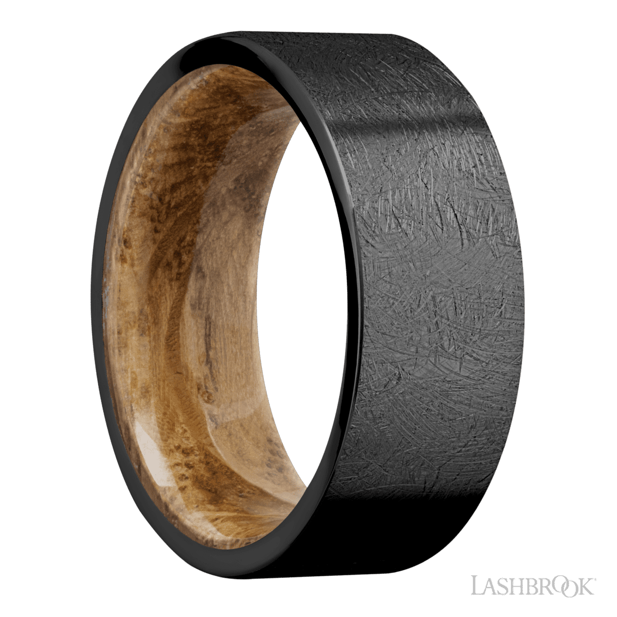 8 mm wide Flat Zirconium band featuring a Whiskey Barrel sleeve