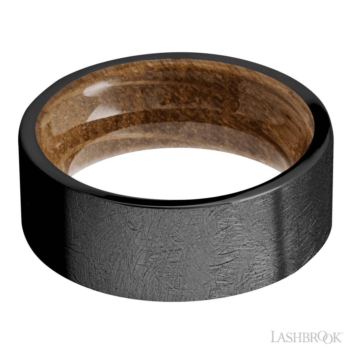 8 mm wide Flat Zirconium band featuring a Whiskey Barrel sleeve