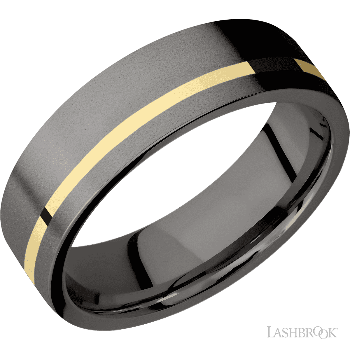 7 mm wide/Flat/Tantalum Noir band with one 1 mm Off Center inlay of 14K Yellow Gold