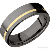 7 mm wide/Flat/Tantalum Noir band with one 1 mm Off Center inlay of 14K Yellow Gold
