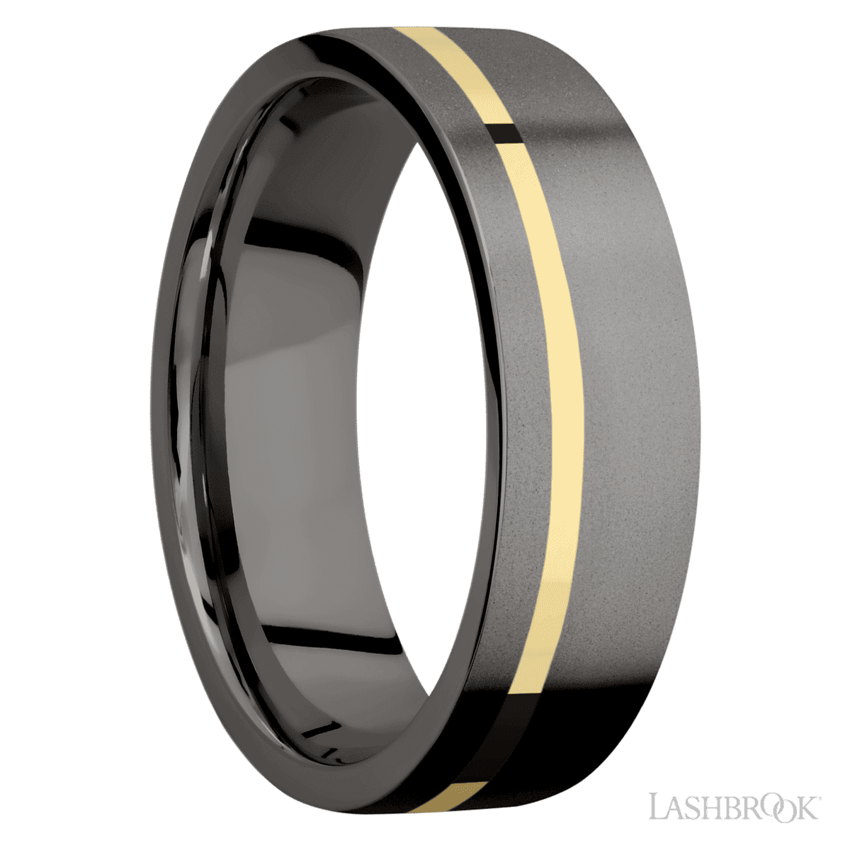 7 mm wide/Flat/Tantalum Noir band with one 1 mm Off Center inlay of 14K Yellow Gold