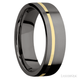7 mm wide/Flat/Tantalum Noir band with one 1 mm Off Center inlay of 14K Yellow Gold