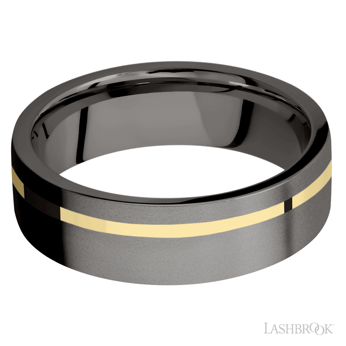 7 mm wide/Flat/Tantalum Noir band with one 1 mm Off Center inlay of 14K Yellow Gold