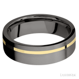 7 mm wide/Flat/Tantalum Noir band with one 1 mm Off Center inlay of 14K Yellow Gold