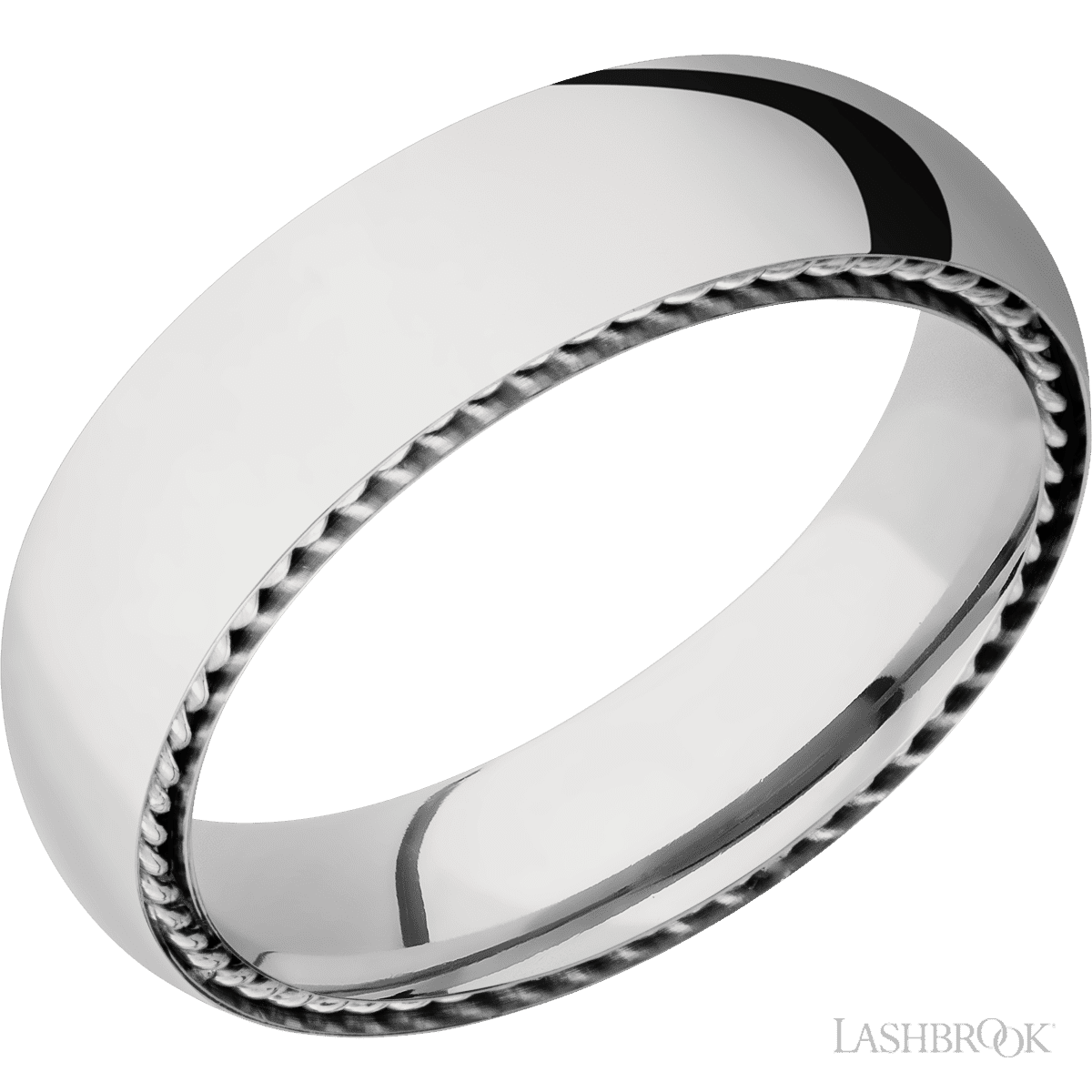 6 mm wide/Domed/14K White Gold band with two 1 mm Sidebraid inlays of 14K White Gold