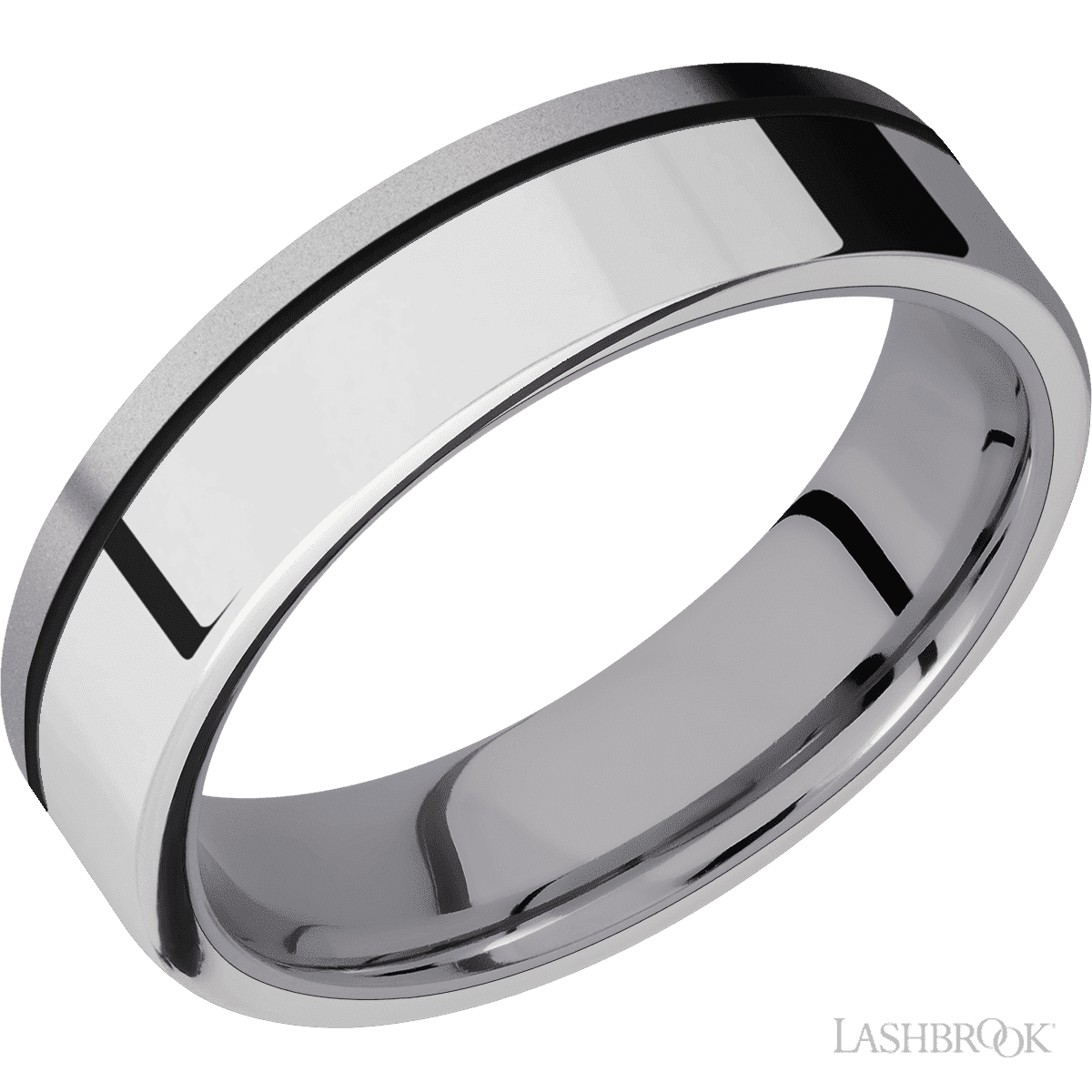 6 mm wide/Flat/Tantalum band with one 4 mm Off Center Edge inlay of Palladium Silver