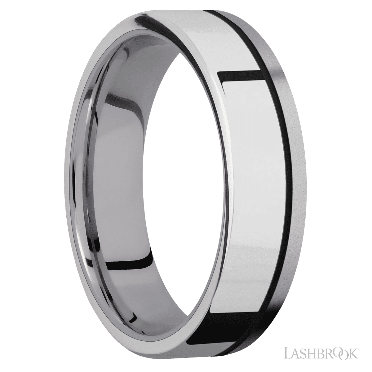 6 mm wide/Flat/Tantalum band with one 4 mm Off Center Edge inlay of Palladium Silver