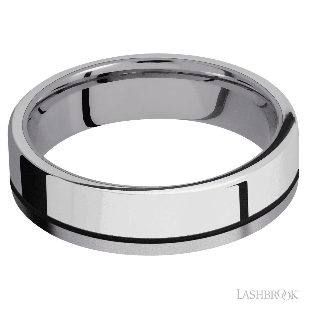 6 mm wide/Flat/Tantalum band with one 4 mm Off Center Edge inlay of Palladium Silver