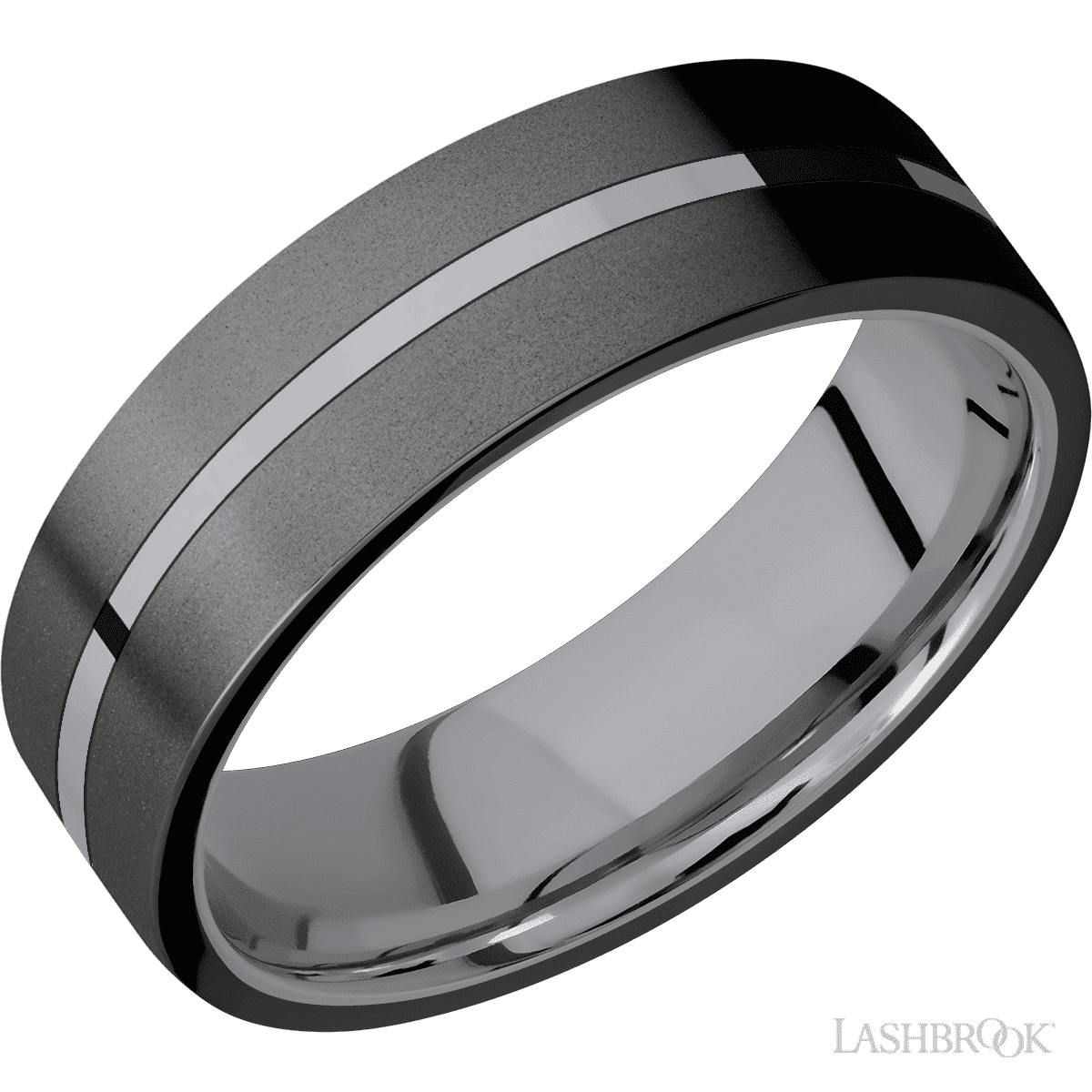 7 mm wide/Flat/Tantalum band with two 3 mm Double Off Center Edge inlays of Zirconium
