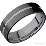 7 mm wide/Flat/Tantalum band with two 3 mm Double Off Center Edge inlays of Zirconium