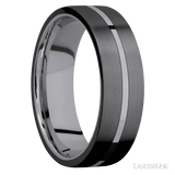 7 mm wide/Flat/Tantalum band with two 3 mm Double Off Center Edge inlays of Zirconium