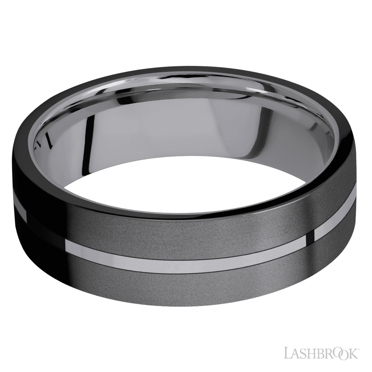 7 mm wide/Flat/Tantalum band with two 3 mm Double Off Center Edge inlays of Zirconium