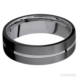 7 mm wide/Flat/Tantalum band with two 3 mm Double Off Center Edge inlays of Zirconium