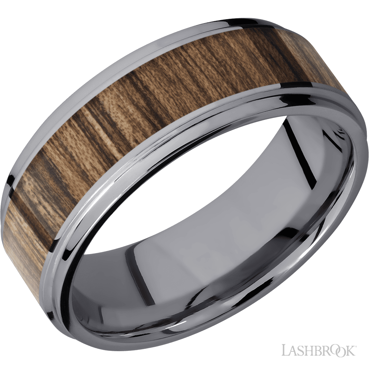 8 mm wide/Flat Grooved Edges/Tantalum band with one 5 mm Centered inlay of Walnut