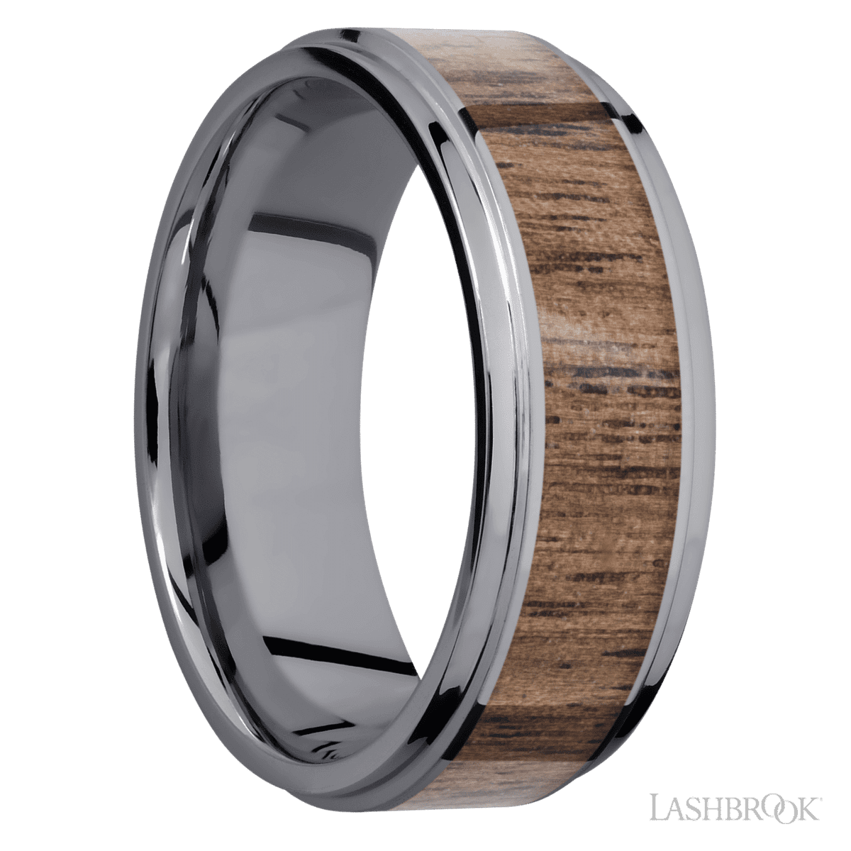 8 mm wide/Flat Grooved Edges/Tantalum band with one 5 mm Centered inlay of Walnut