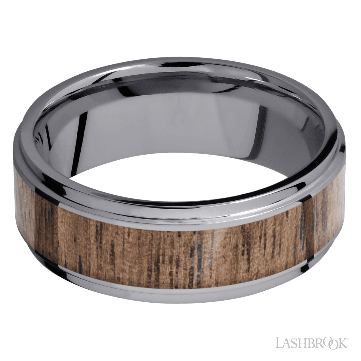 8 mm wide/Flat Grooved Edges/Tantalum band with one 5 mm Centered inlay of Walnut
