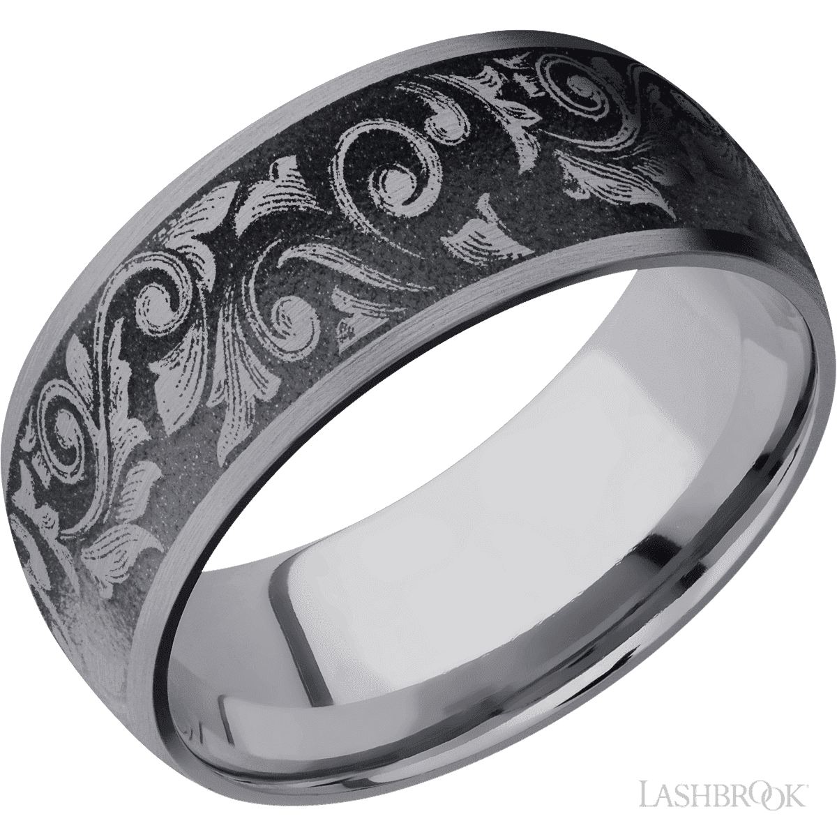 9 mm wide/Domed/Tantalum band with a laser carved Western Scroll pattern