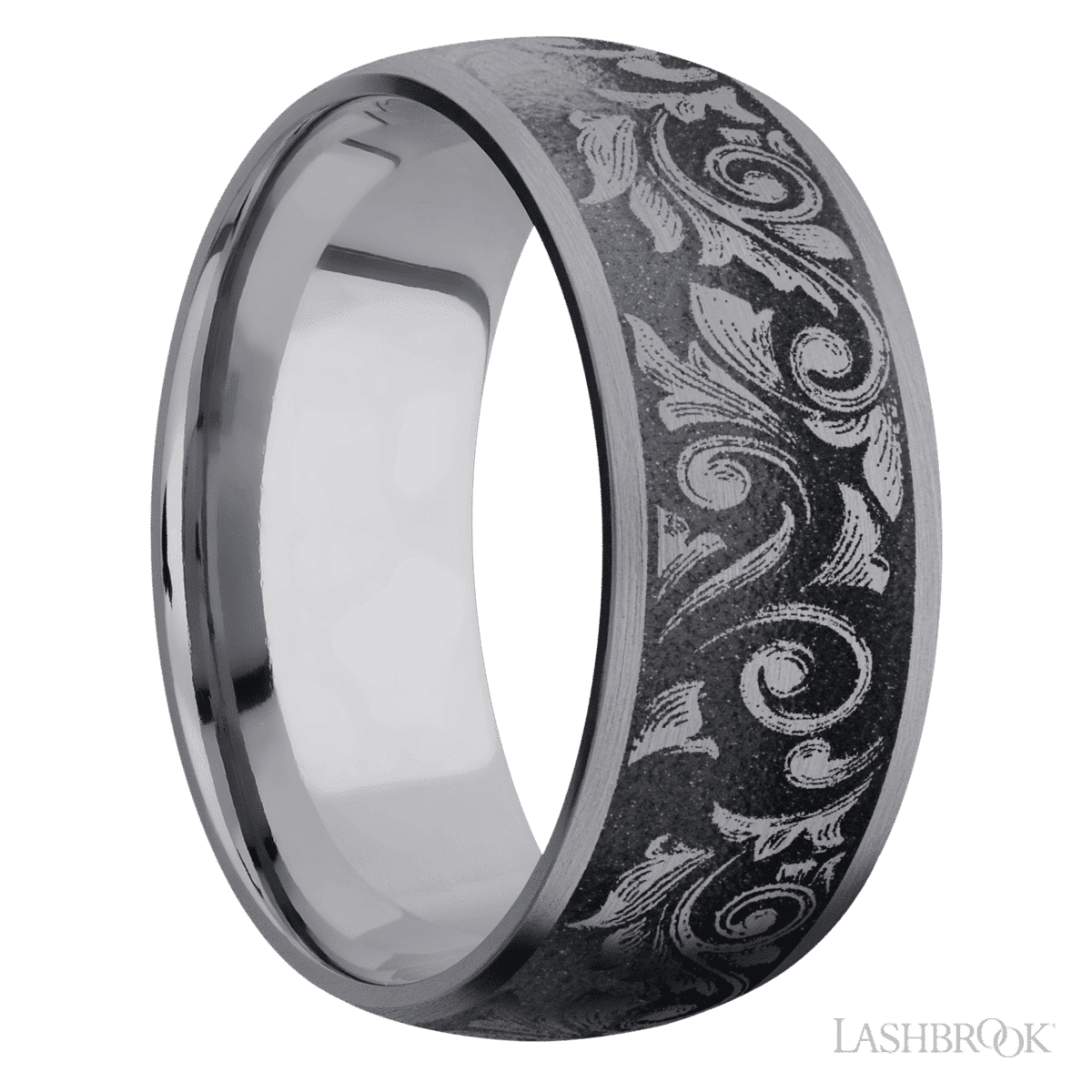 9 mm wide/Domed/Tantalum band with a laser carved Western Scroll pattern
